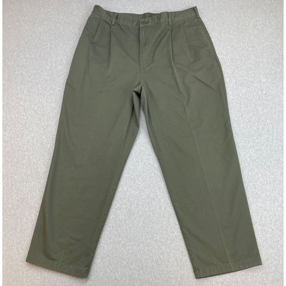 Lands End Pants Mens 36 Green 100% Cotton Regular Fit Pleated Khakis